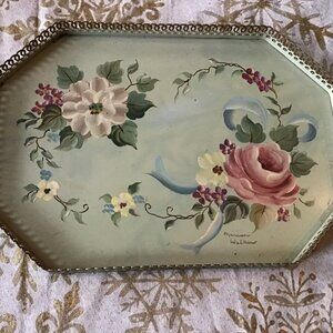 Vintage Hand Painted Tray - Marian Walker - Antique Tole Painted Metal Tray Nice